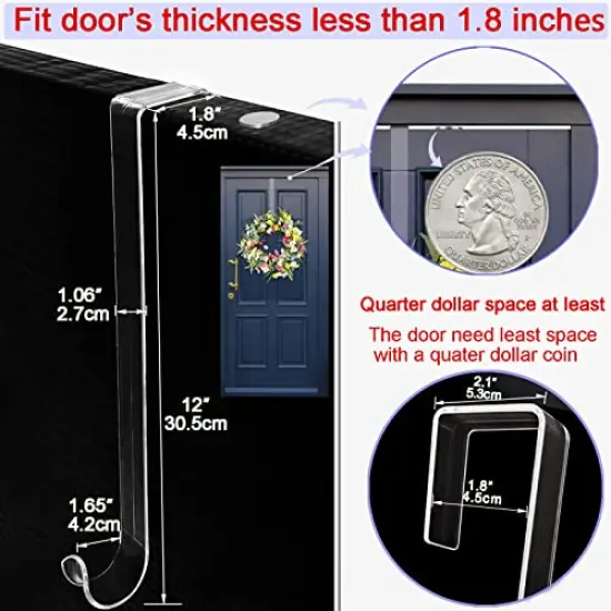 Wreath Hanger,12&rdquo; Clear Wreath Hooks for Front Door,2 Pack Over the Door Easter Christmas Decoration Hangers Fall Halloween Wreaths holder,Non Scratch Wreath Hangers for Front Door D&eacute;cor Welcome Sign {4}