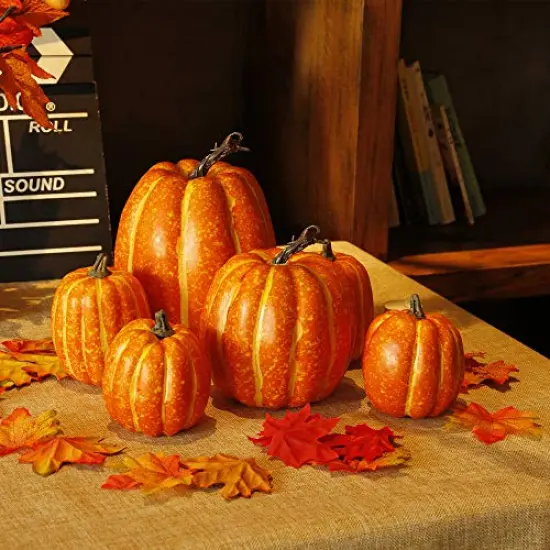 Thanksgiving Decorations Artificial Pumpkins, Realistic Foam Yellow Pumpkin with 100 pcs Maple Leaves Made of Cloth, Fall Decorations for Home Kitchen Table Indoor Outdoor {5}