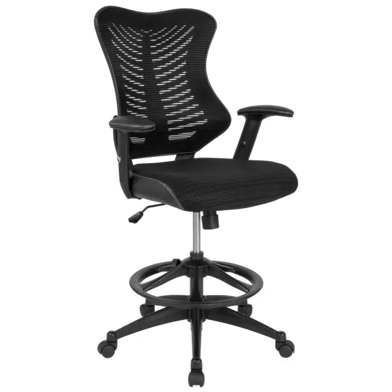 Emma and Oliver High Back Designer Mesh Drafting Chair with Leather Sides and Adjustable Arms Black {1}