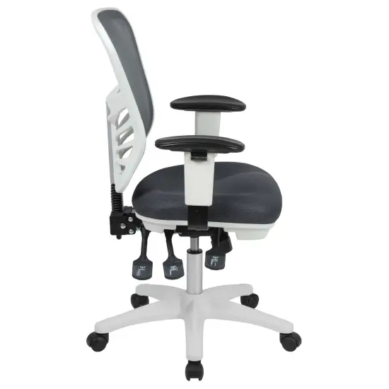 Emma and Oliver Mid-Back Mesh Triple Paddle Swivel Ergonomic Office Chair with Adjustable Arms DarkGrayMesh/White {5}