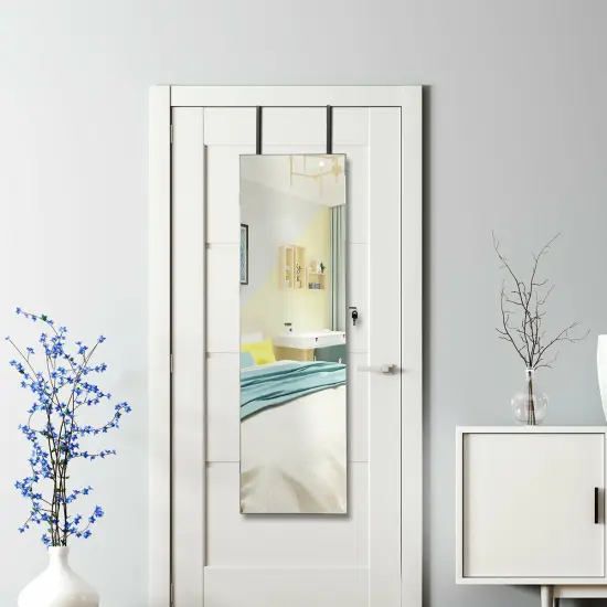 Wall and Door Mounted Mirrored Jewelry Cabinet with Lights Black {2}