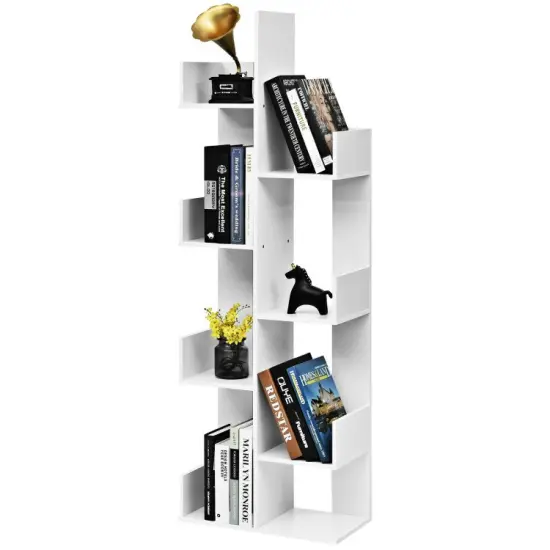 8-Tier Bookshelf Bookcase with 8 Open Compartments Space-Saving Storage Rack White {3}