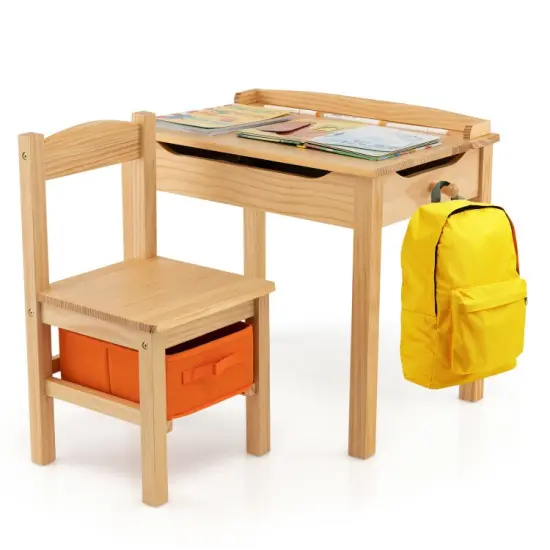 Wood Activity Kids Table and Chair Set with Flip Top Design and Pull-out Drawer Grey {7}