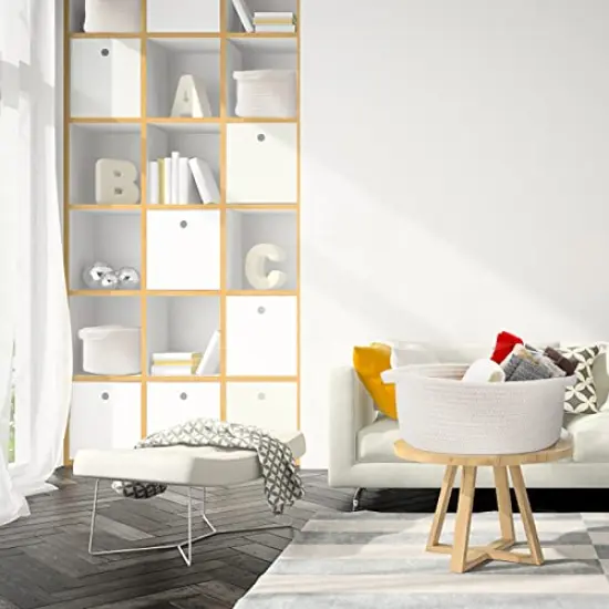 ABenkle Cute Small Woven Basket with Handles, 12"x 8" x 5" Rope Room Shelf Storage Basket Chest Box for Cat and Dog Toys, Empty Decorative Gift - White {2}