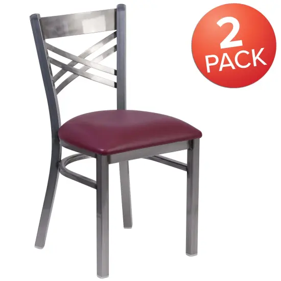 Emma and Oliver 2 Pack Clear Coated "X" Back Metal Restaurant Chair BurgVYL/ClearCoated {5}