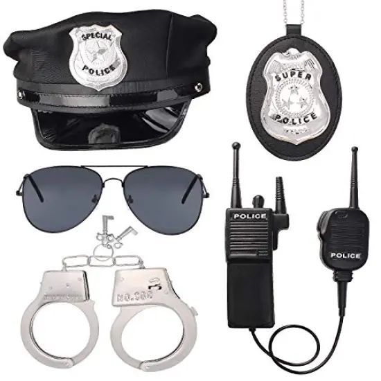 Beelittle Police Officer Role Play Kit Police Hat Handcuffs Walkie Talkies Policeman Badge Sunglasses Police Costume Accessories for Cop Swat FBI Halloween Party Dress up (B) {1}