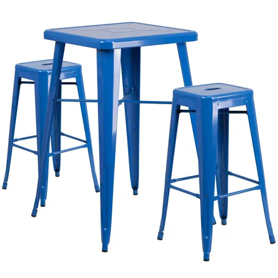 Emma and Oliver Commercial Grade 23.75" Square Metal Indoor-Outdoor Bar Set & 2 Backless Stools Blue {1}
