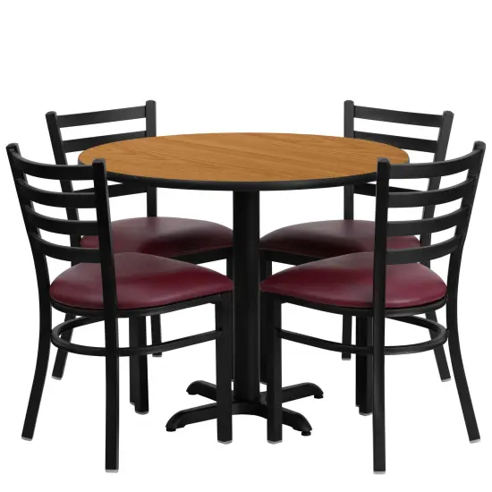 Emma and Oliver 36" Round Laminate X-Base Table Set with 4 Ladder Back Chairs Natural/BurgundyVYL {1}