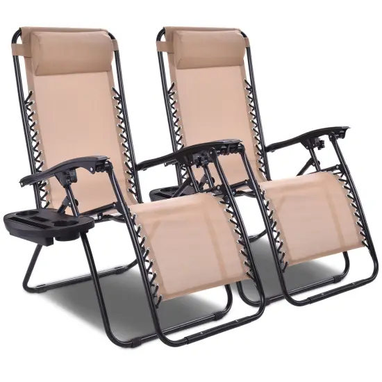 Costway 2PCS Zero Gravity Chairs Lounge Patio Folding Recliner Beige W/Cup Holder {2}