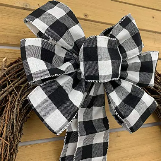 Buffalo Plaid Christmas Wreath Bow - 10" Wide, 18" Long Pre-Tied Bow, Black and White Checkers, Fall Decor, Door Decoration, Swag, Wreath, Garland, Boxing Day, Winter, Thanksgiving {4}