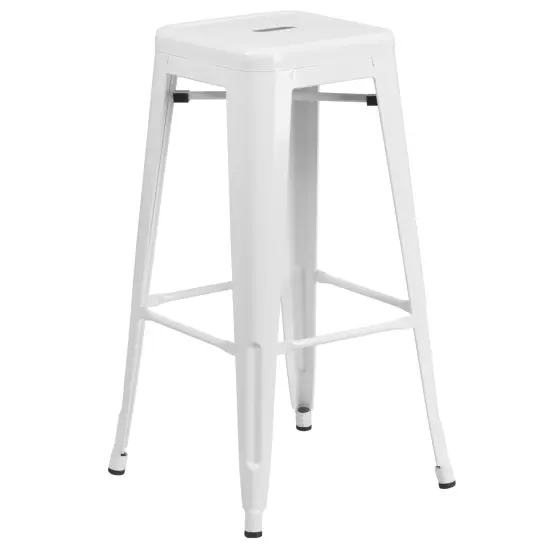 Emma and Oliver Commercial Grade 23.75" Square Metal Indoor-Outdoor Bar Set & 2 Backless Stools White {4}