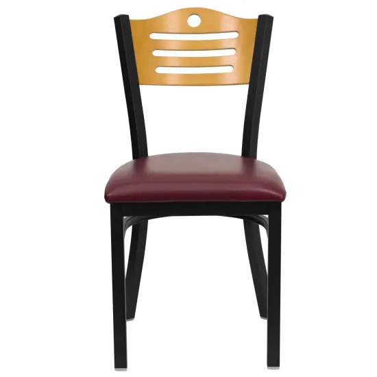 Emma and Oliver 2 Pack Slat Back Metal Restaurant Chair Natural/BurgVY/Black {2}