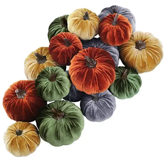 16 Pcs Assorted Small Faux Rustic Harvest Velvet Pumpkins Decorative Rust Orange Gold Olive Gray Fabric Pumpkins Foam Pumpkins for Farmhouse Fall Thanksgiving Halloween Table Centerpiece Mantel Decor {1}