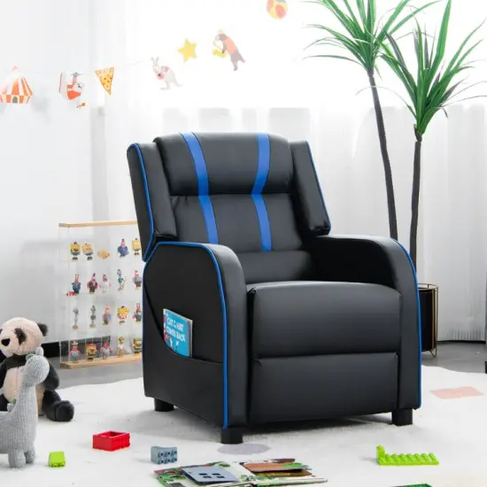 Kids Recliner Chair with Side Pockets and Footrest Blue {4}