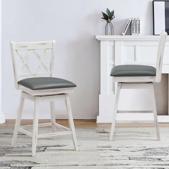 2 Pieces 25 Inch Swivel Counter Height Barstool Set with Rubber Wood Legs White {6}