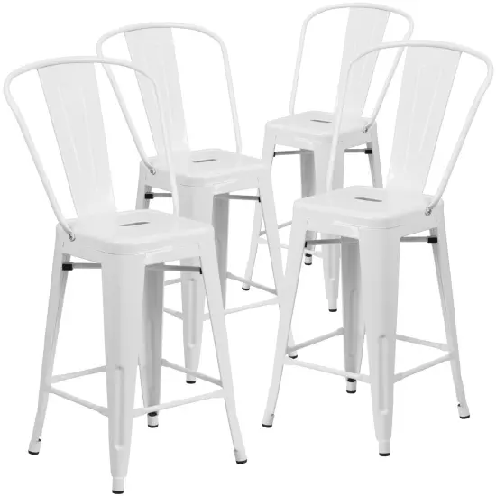 Emma and Oliver Commercial Grade 4 Pack 24" High Metal Indoor-Outdoor Counter Height Stool with Back White {1}
