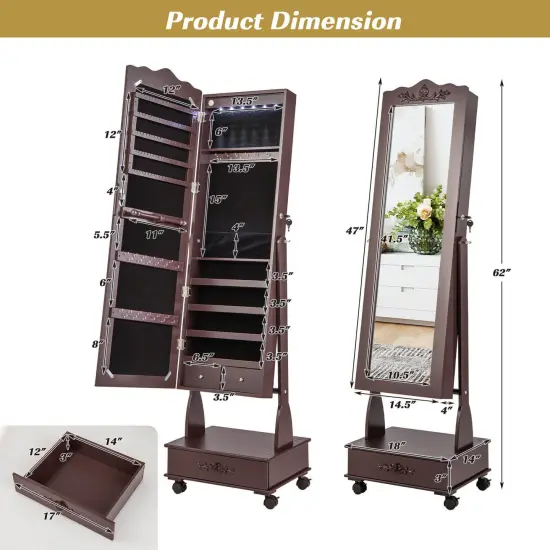 Rolling Floor Standing Mirrored Jewelry Armoire with Lock and Drawers Brown {5}