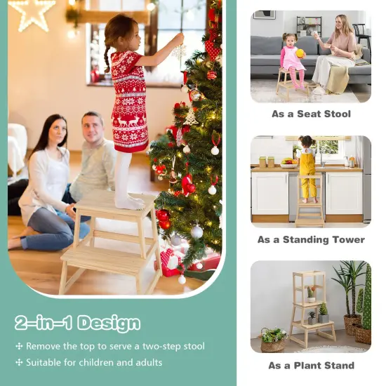 2-in-1 Multifunctional Wooden Kids Step Stool with Safety Guardrail and Wide Platform Natural {4}