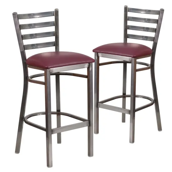 Emma and Oliver 2 Pack Clear Coated Ladder Back Metal Restaurant Barstool BurgundVyl/ClearCoat {2}