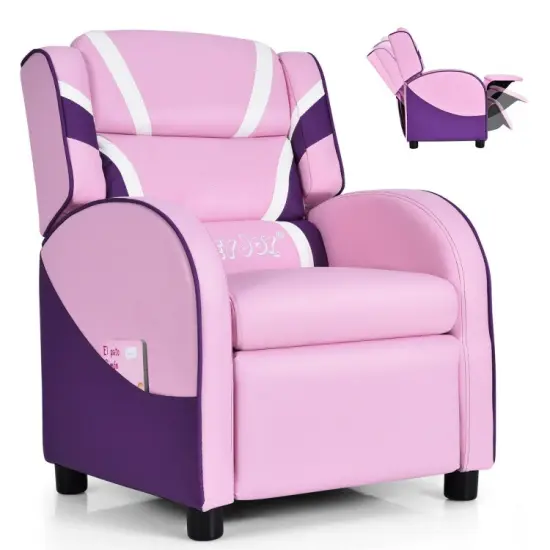 Kids Adjustable Recliner Chair with 2 Side Storage Pockets Ideal for Children Room or Home Theater Pink {8}