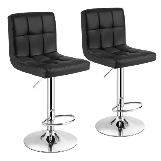 Set of 2 Square Swivel Adjustable PU Leather Bar Stools with Back and Footrest Black {1}