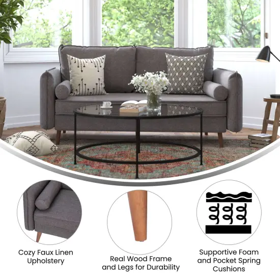 Emma and Oliver Carthage Upholstered Mid-Century Modern Pocket Spring Sofa with Wooden Legs and Removable Back Cushions Stone Gray {2}