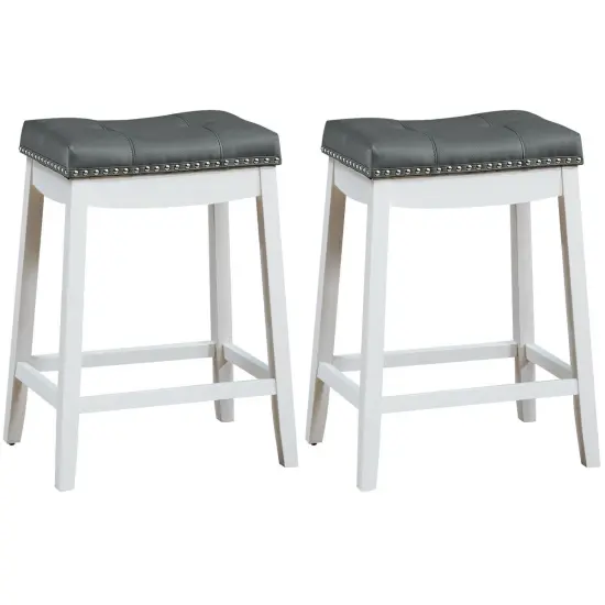 Set of 2 Backless Bar Stools with Nail head Padded Saddle Seat and Rubber Wood Legs Grey {2}