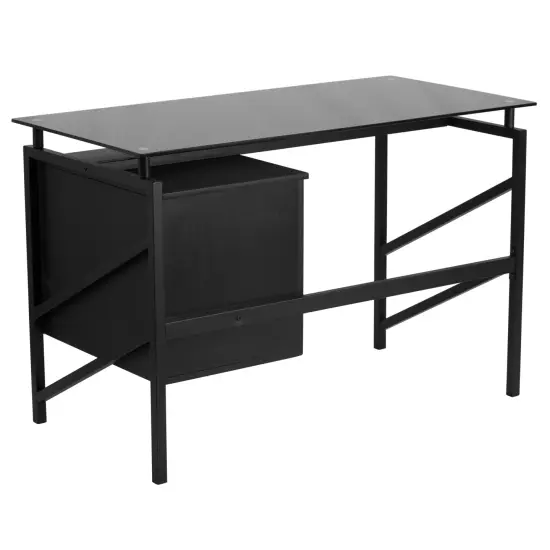 Emma and Oliver Two Drawer Pedestal Desk with Tempered Glass Top and Metal Frame Black {2}