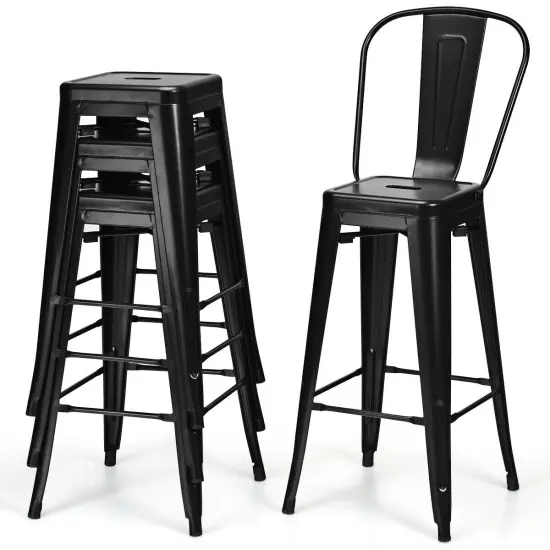 30 Inch Set of 4 High Back Stackable Metal Bar Stools with Removable Backrest and Footrest Black {4}