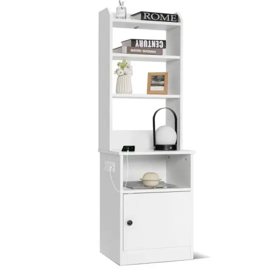 6-Tier Bookshelf with Charging Station and Storage Cabinet White {6}
