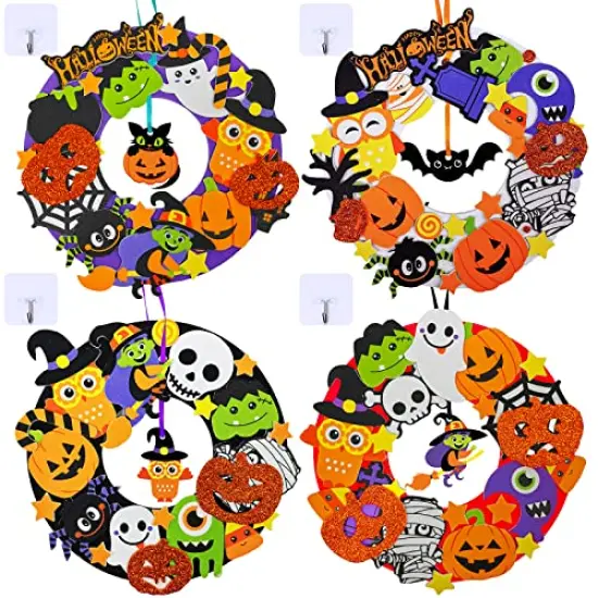 Winlyn 12 Sets Halloween Wreath Decorations Foam Halloween Wreath Signs Craft Kits Pumpkins Jack-O`-Lantern Owl Ghost Witch Bats Monster Stickers for Kids Art Gift Favors Trick-Or-Treaters Front Door {1}