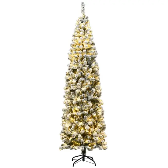 Costway 4.5/6/7.5 Ft Pre-lit Snow Flocked Artificial Pencil Christmas Pine Tree with 150/250/350 LED Lights {2}