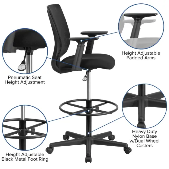 Emma and Oliver Ergonomic Mid-Back Mesh Drafting Chair with Fabric Seat, Adjustable Foot Ring and Arms Black {2}