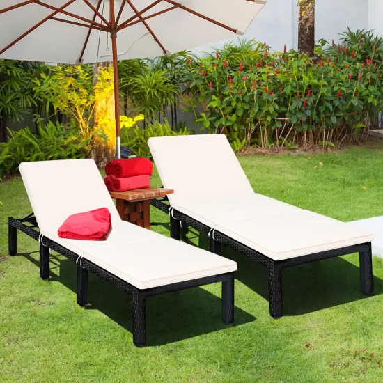 Costway 2PCS Patio Garden Rattan Lounge Chair Chaise Couch Cushioned Height Adjustable White {3}