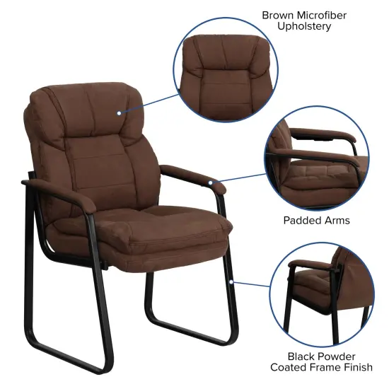 Emma and Oliver Executive Side Reception Chair with Lumbar Support and Sled Base Brown Microfiber {2}