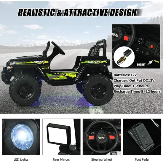 12V Kids Ride-on Jeep Car with 2.4 G Remote Control and LED Light Effects Black {3}