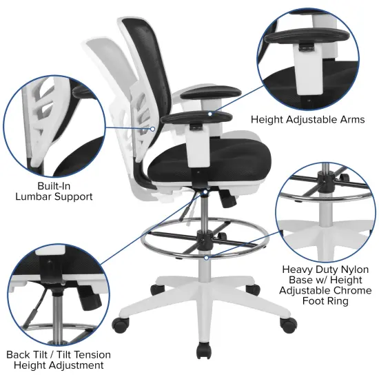 Emma and Oliver Mid-Back Mesh Adjustable Ergonomic Drafting Chair, Task Chair BlackMesh/WhiteFrame {2}