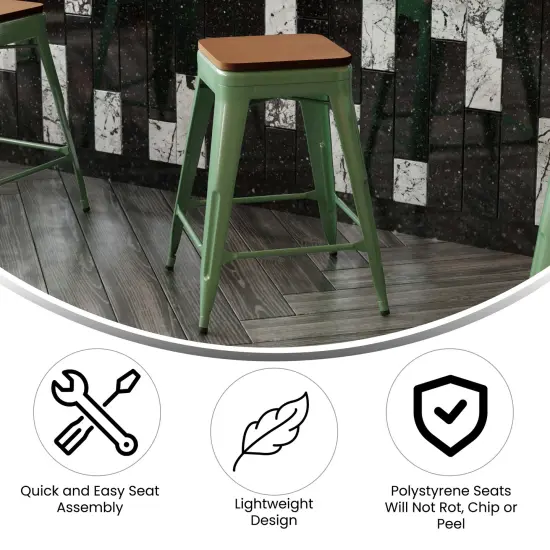 Emma and Oliver Kam Backless Metal Indoor-Outdoor Stool with All-Weather Polystyrene Seat Green/Teak {2}