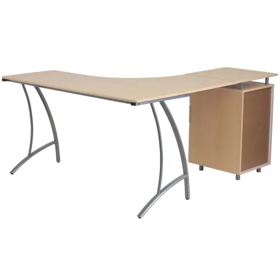 Emma and Oliver Laminate L-Shape Desk with Three Drawer Pedestal Beech {2}