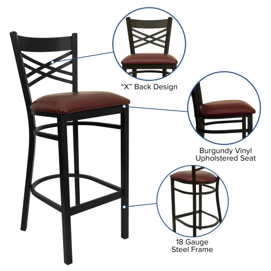Emma and Oliver "X" Back Metal Restaurant Dining Barstool BurgVYL/BlackMetal {2}