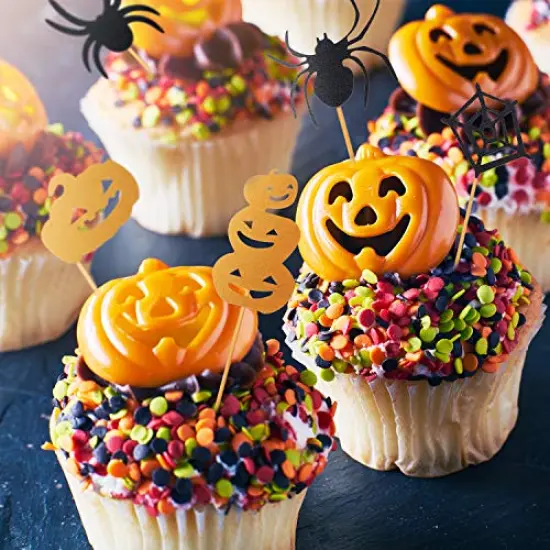 75 Pieces Halloween Cupcake Topper Picks Halloween Pumpkin Bat Spider Web Skull White Ghost Cupcake Decorations for Halloween Birthday Party favor Supplies {4}