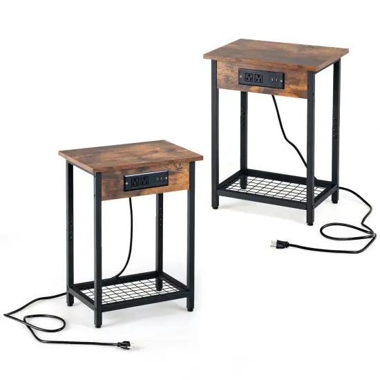 2 Pieces Bedside Nightstand Set with Open Shelf and Charging Station-Rustic Brown {1}