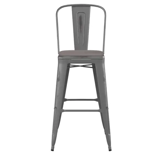 Emma and Oliver Grant Clear Coated Metal Stool with Backrest and Polyresin Seat for Indoor Use Only Clear Coated/Teak {8}