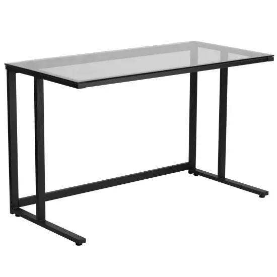 Emma and Oliver Glass Top Desk with Pedestal Metal Frame - Home Office Furniture Clear/Black {1}