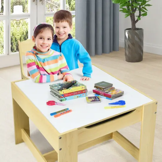 Kids Table Chairs Set With Storage Boxes Blackboard Whiteboard Drawing Beige {6}