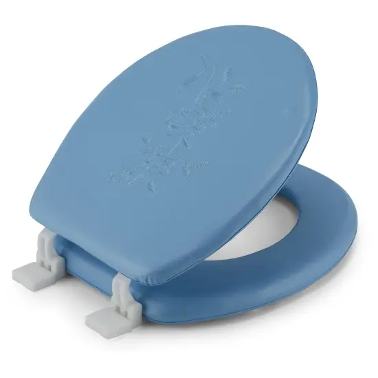 Embroidered Padded Soft Round Toilet Seat With Easy Clean & Change Hinge Light Blue {1}