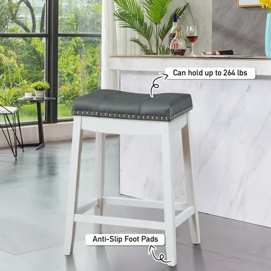 Set of 2 Backless Bar Stools with Nail head Padded Saddle Seat and Rubber Wood Legs Grey {1}