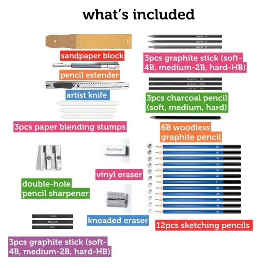 Incraftables Drawing Pencils for Sketching & Shading. Art Sketch Pencils Set for Adults & kids. Drawing Supplies Sketch Kit with 21 Graphite & Charcoal Pencils, Erasers, Sandpaper, Knife & Sharpener {3}
