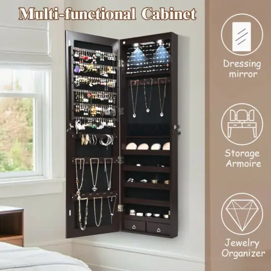 Wall and Door Mounted Mirrored Jewelry Cabinet with Lights Brown {6}