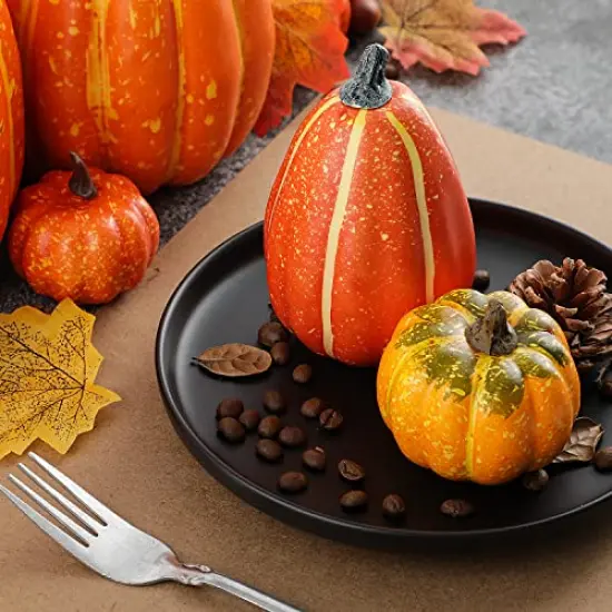 Pumpkin Fall Decorations, Decorative Large Small Outdoor Orange Foam Plastic Fake Faux Artificial Pumpkins for Halloween Autumn Harvest Festival Home Table Decor 16pcs {2}
